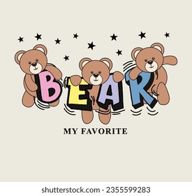 lindo teddy osos ilustración vectorial en letras coloridas del oso