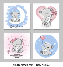Cute Teddy bears vector illustrations. Set of birthday greeting cards, posters, prints for kids.