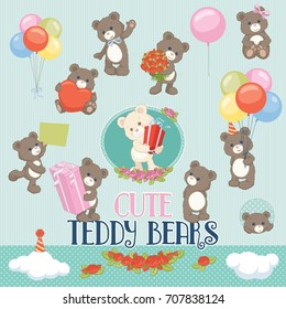 Cute teddy bears vector set