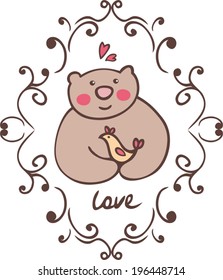 cute teddy and bird in the ornate frame