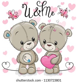 Cute Teddy boy and Teddy girl on a hearts background