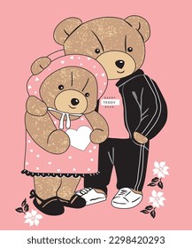 Cute Teddy boy and Teddy girl on a hearts background
