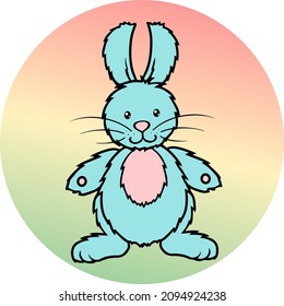 Cute teddy bunny, rabbit with blue fur on a multicolored background, emblem icon, vector illustration