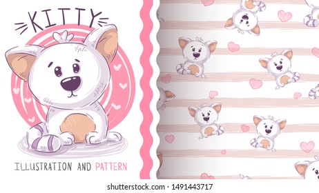 Cute teddy cat - seamless pattern. Hand draw