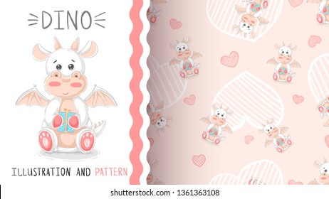 Cute teddy dino - seamless pattern. Hand draw