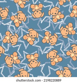 Cute Teddy Dog And Sequin Stars Cartoon Kids Background Pattern Seamless