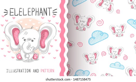 Cute teddy elephant - seamless pattern. Hand draw