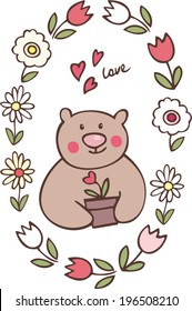 cute teddy in the floral frame, beautiful greeting card