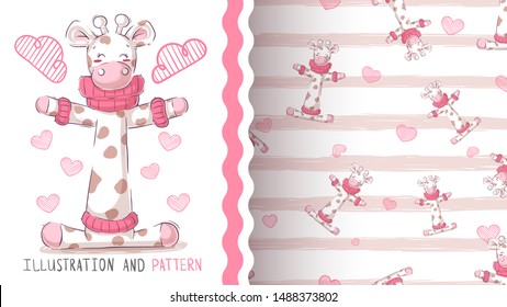 Cute teddy giraffe - seamless pattern. Hand draw