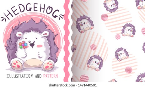 Cute teddy hedgehog - seamless pattern. Hand draw