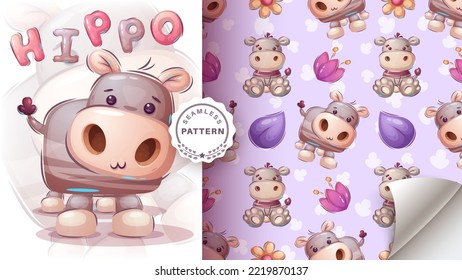 Cute teddy hippo - seamless pattern