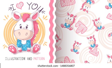 Cute teddy horse - seamless pattern. Hand draw