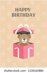 
A cute teddy inside surprise box on a card with the birthday text on it representing birthday gift with card 
