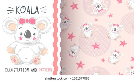 Cute teddy koala - seamless pattern. Hand draw