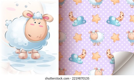 Cute teddy lamb - seamless pattern