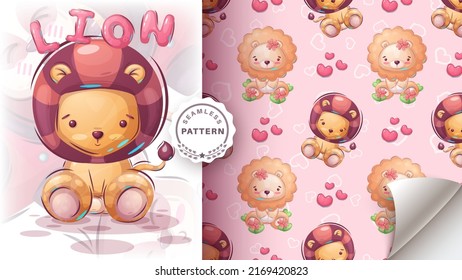 Cute teddy lion - seamless pattern