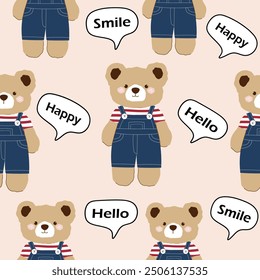 cute teddy in overall and striped red white t shirt , text hello , happy , smile in speech bubble  seamless pattern , 