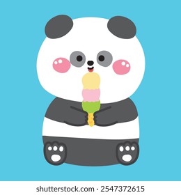 Cute teddy panda bear hold ice cream vanilla strawberry and green tea flavor.Sweet and dessert.Chinese wild animal character cartoon design.Kawaii.Vector.Illustration. 