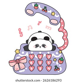 Cute teddy panda bear lay on classic retro telephone desk.Kid graphic.Strawberry,cherry,star,music note,bow hand drawn.Chinese animal character cartoon.Kawaii.Vector.Illustration.
