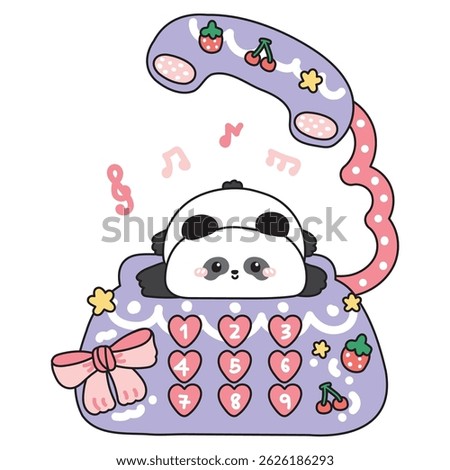 Cute teddy panda bear lay on classic retro telephone desk.Kid graphic.Strawberry,cherry,star,music note,bow hand drawn.Chinese animal character cartoon.Kawaii.Vector.Illustration.