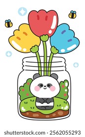 Cute teddy panda bear sit in glass jar with big flower.Bee.Soil.Nature floral.Chinese wild animal character cartoon design.Kawaii.Vector.Illustration.