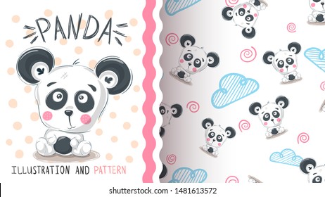 Cute teddy panda - seamless pattern. Hand draw