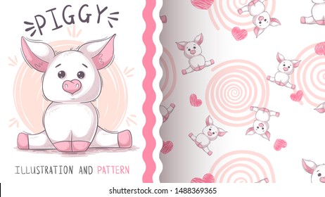 Cute teddy pig - seamless pattern. Hand draw