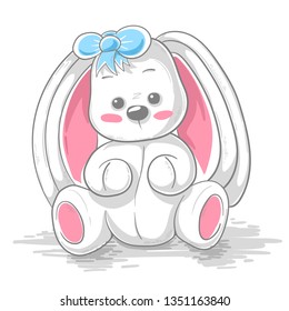 Cute teddy rabbit - cartoon illustration. Hand draw