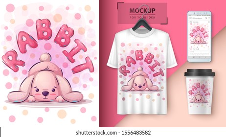 Cute teddy rabbit poster and merchandising. Vector eps 10