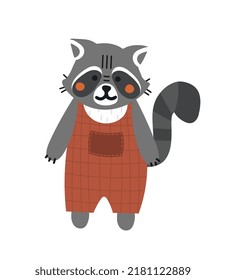 Cute teddy raccoon. Sticker for social networks. Toy or mascot for children. Forest dweller in red sundress, graphic elements for website and printing on clothes. Cartoon flat vector illustration