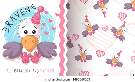 Cute teddy raven - seamless pattern. Hand draw