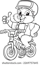 A cute teddy rides a bike, black and white drawing