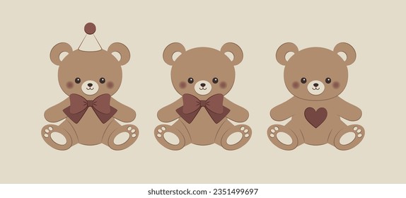 Cute teddy set design. Vintage style template. Vector illustration.