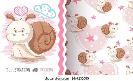 Cute teddy snail - seamless pattern. Hand draw