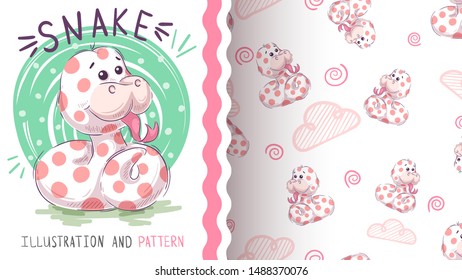 Cute teddy snake - seamless pattern. Hand draw