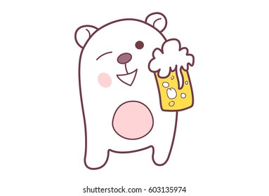 Cute Teddy Sticker with a beer mug. Vector illustration. Isolated on white background.