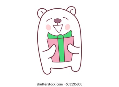 Cute Teddy Sticker with a gift in hand. Vector illustration. Isolated on white background.