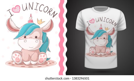 Cute teddy unicorn. Idea for print T-shirt. Hand draw