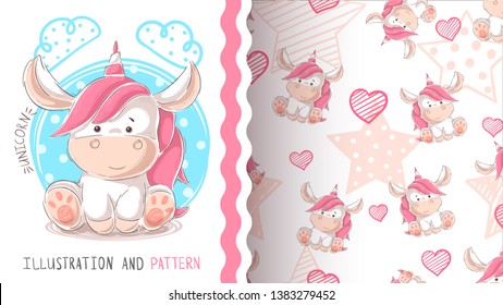 Cute teddy unicorn - seamless pattern. Hand draw