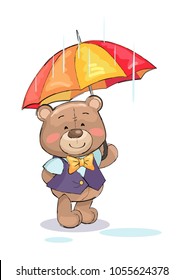 Cute teddy-bear standing under umbrella in rainy weather vector illustration of stuffed toy in gentleman suit, smiling bear isolated on white