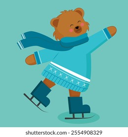 Cute Tedy Bear Playing Ice Skate,  Happy Cute Winter Tedy Bear Character Playing Ice Skate Illustration