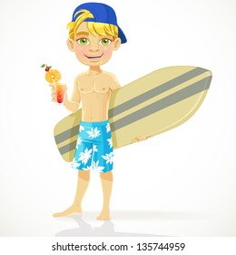 Cute teen boy with a drink in a glass and a surfboard