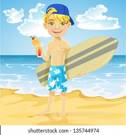 Cute teen boy with a drink in a glass and a surfboard on a sunny beach