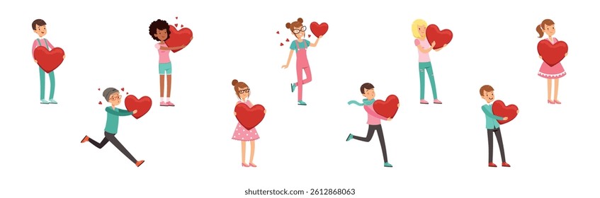 Cute Teen Boy and Girl with Red Heart Feel Love Vector Set