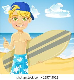 Cute teen boy with a surfboard on a sunny beach