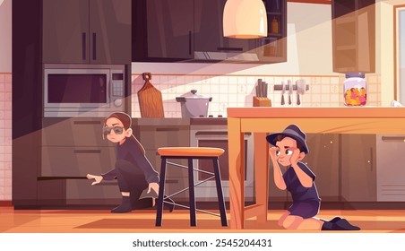 Cute teen children dressed as spy in black clothes, hat and glasses in home kitchen room. Teenage girl cautiously crawl to closet while boy sit under dining table and imitate binocular with hands.