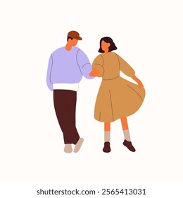 Cute teen couple walks together. Beloveds hold hands and stroll. Happy people, boyfriend and girlfriend love each other in romantic relationship. Flat isolated vector illustration on white background