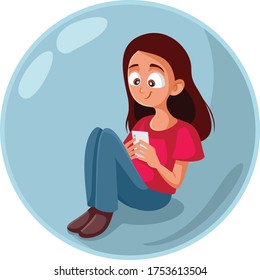 Cute Teen Girl Checking Smartphone Living In A Bubble. Insecure Teen Feeling Shy Experiencing Internet Addiction
