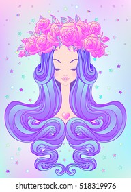 Cute teen girl with closed eyes and long hair. Mix of art nouveau and kawaii gothic style. Hipster, pastel goth, vibrant colors. Vector illustration. Sticker, patch, poster graphic design.