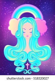 Cute teen girl with closed eyes and long hair and rainbow. Mix of art nouveau and kawaii gothic style. Hipster, pastel goth, vibrant colors. Vector illustration. Sticker, patch, poster graphic design.